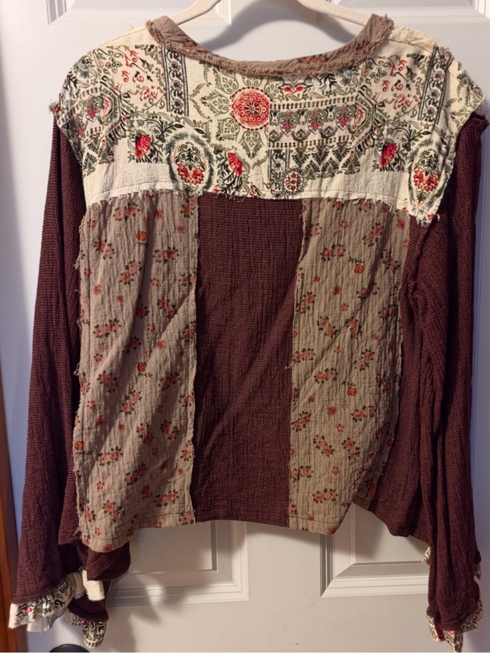 POL Anthropologie Boho Patchwork waffle thermal floral brown cream pullover Top - Picture 2 of 4